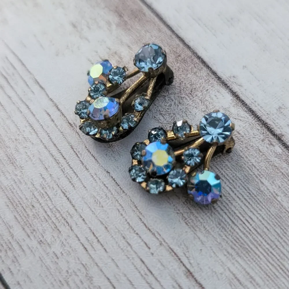 Vintage Clip On Earrings Iridescent Blue - Heavy Tarnish